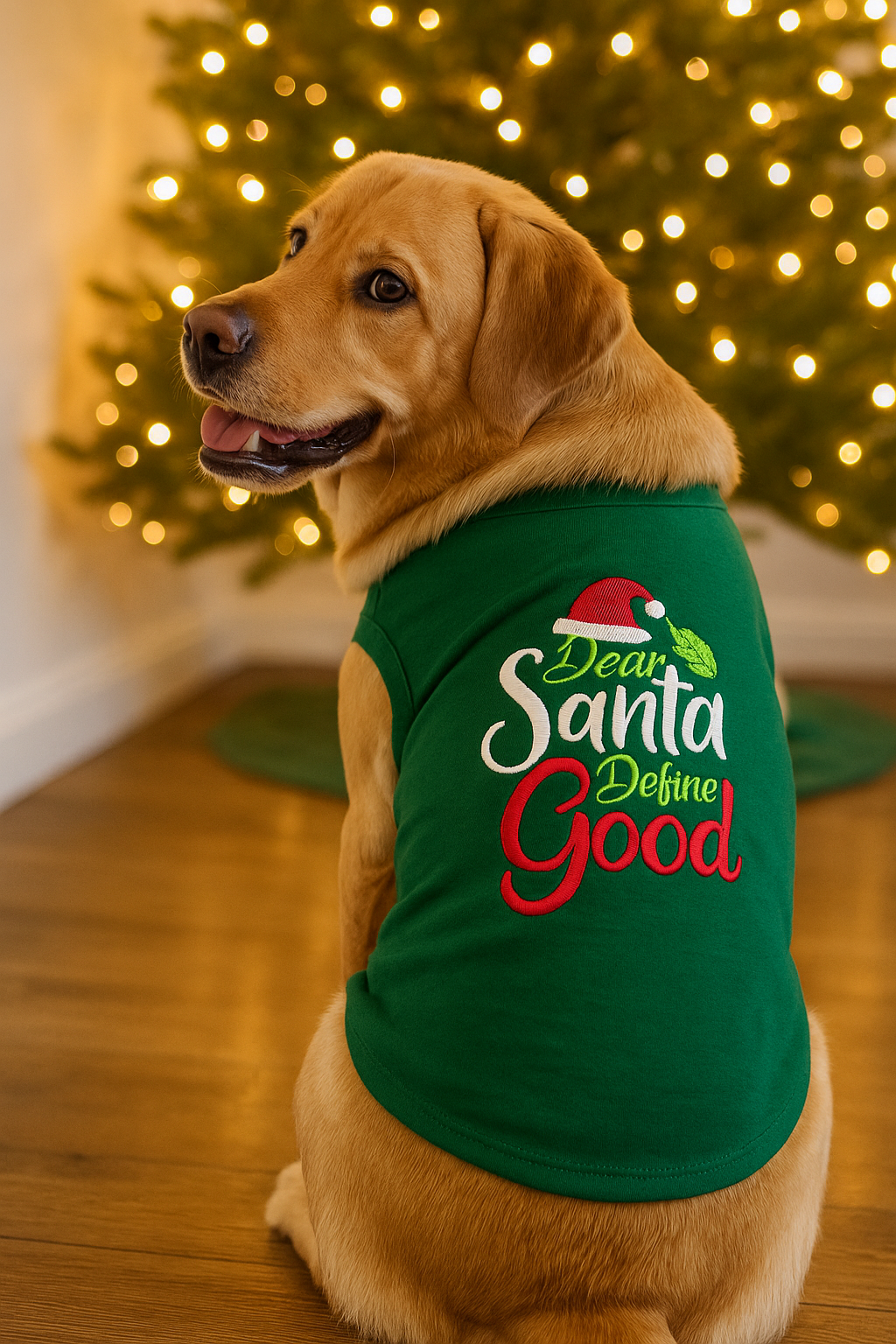 Parisian Pet Dear Santa Define Good Dog Christmas T-Shirt - Festive Pet Shirt for Cats & Dogs, Green