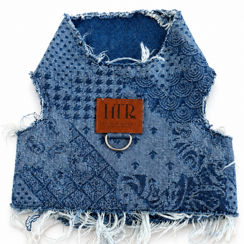 Heads or Tails Pup Patchwork Print Denim Dog Harness