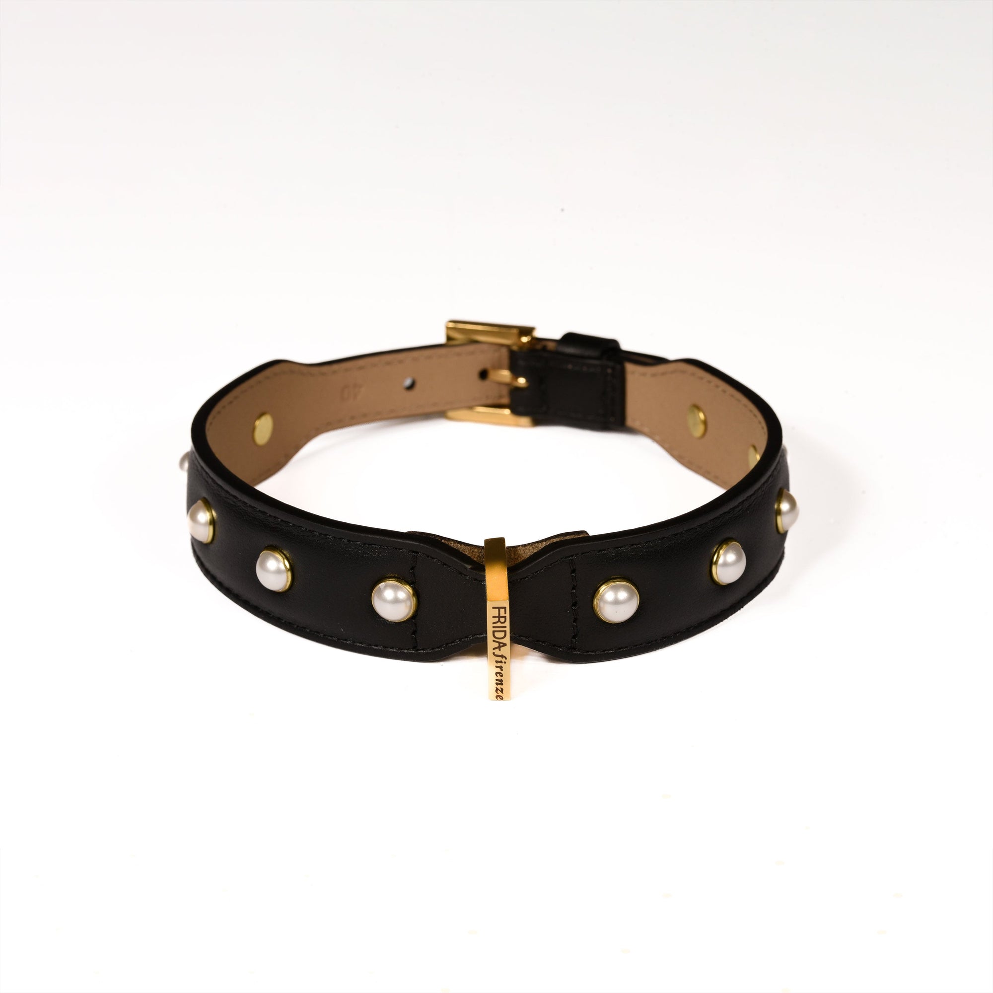 Leather Dog Collar in Black - Pearl, Made in Italy