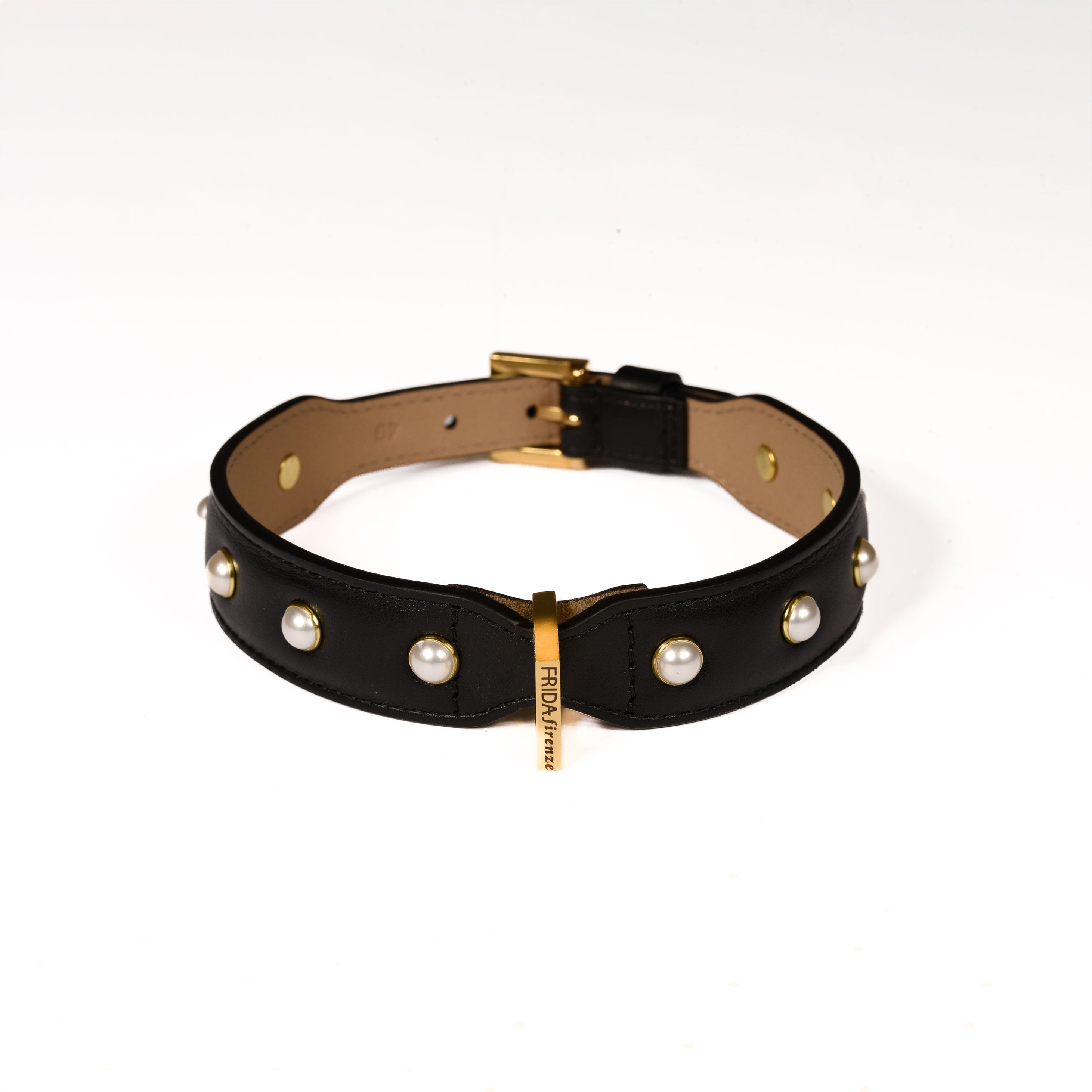 Leather Dog Collar in Black - Pearl, Made in Italy