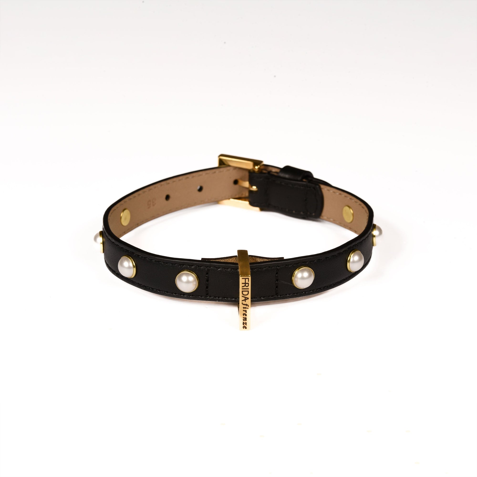Leather Dog Collar in Black - Pearl, Made in Italy