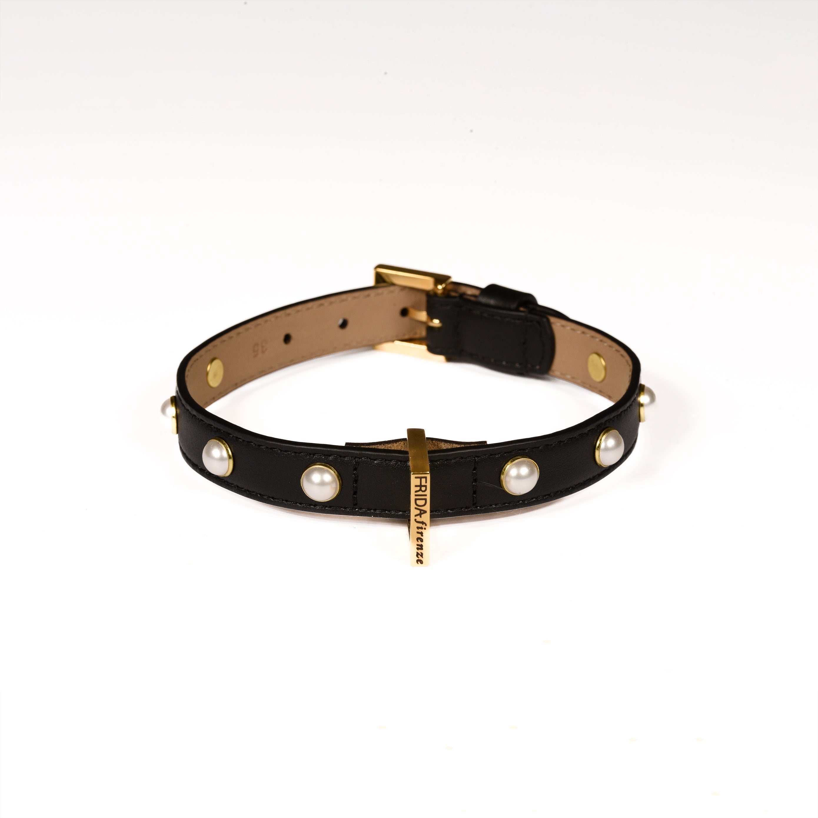 Leather Dog Collar in Black - Pearl, Made in Italy