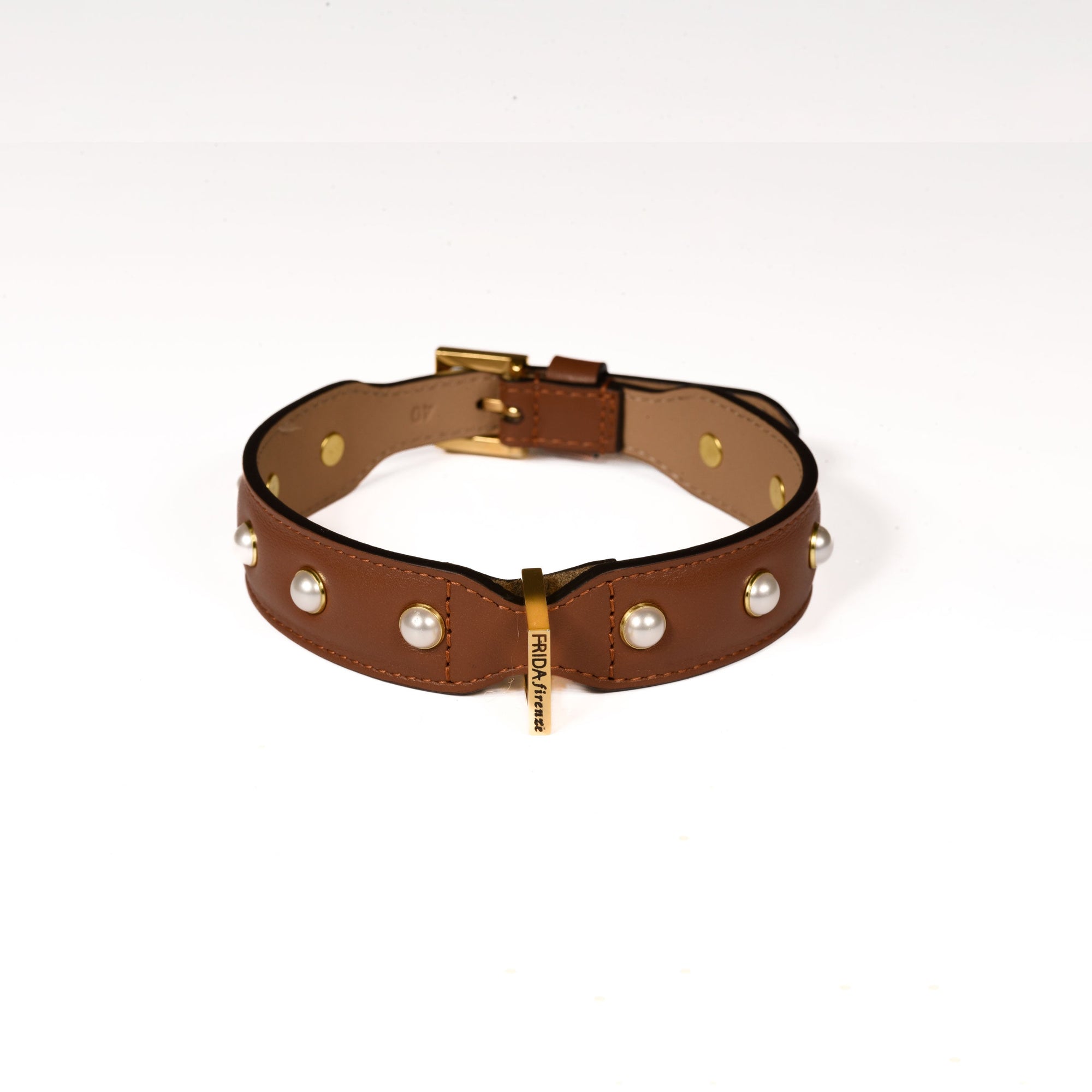 Leather Dog Collar in Brown - Pearl, Made in Italy