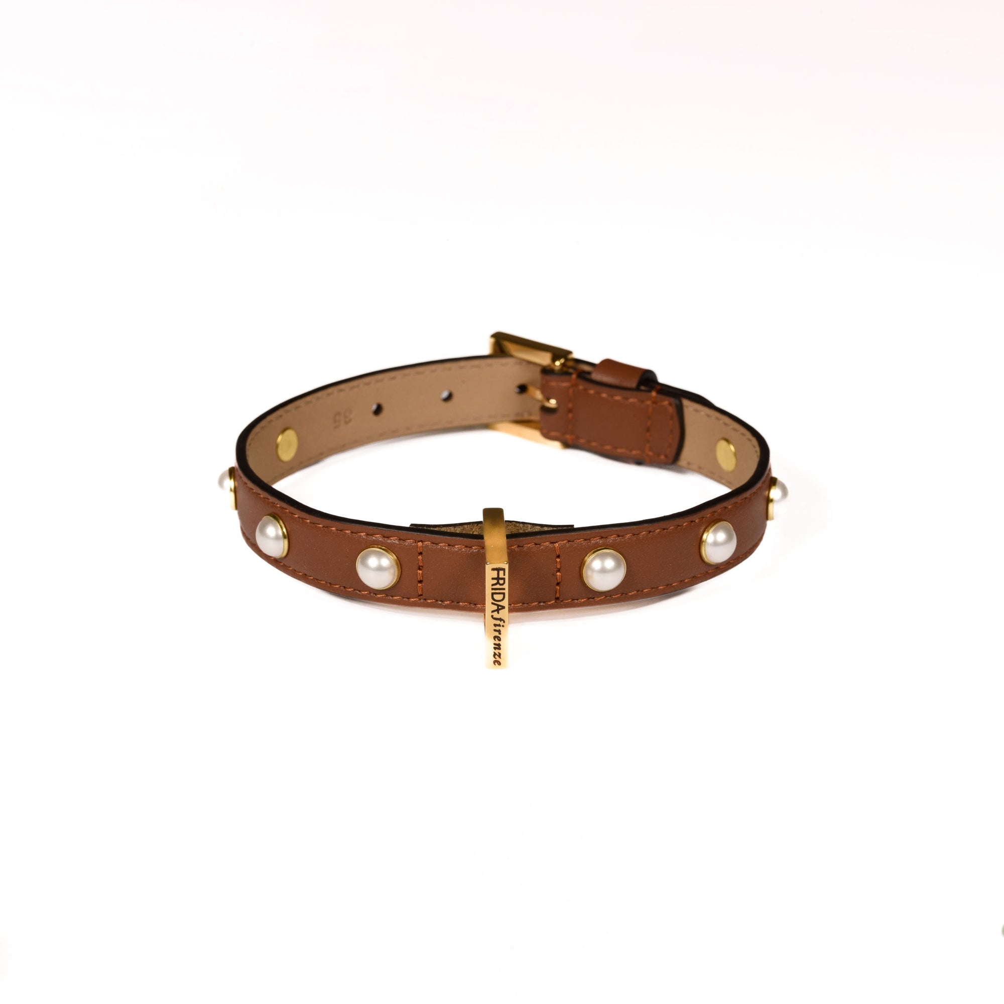 Leather Dog Collar in Brown - Pearl, Made in Italy