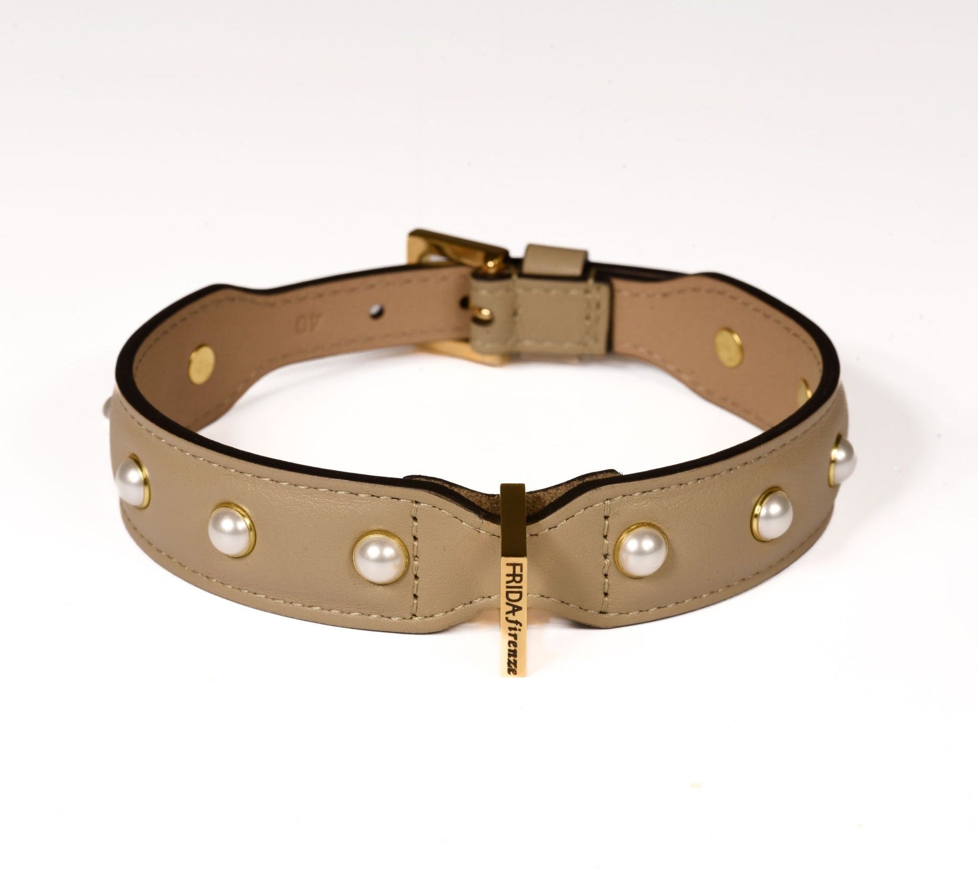 Leather Dog Collar in Mud - Pearl, Made in Italy