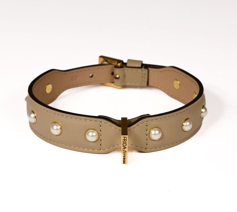 Leather Dog Collar in Mud - Pearl, Made in Italy