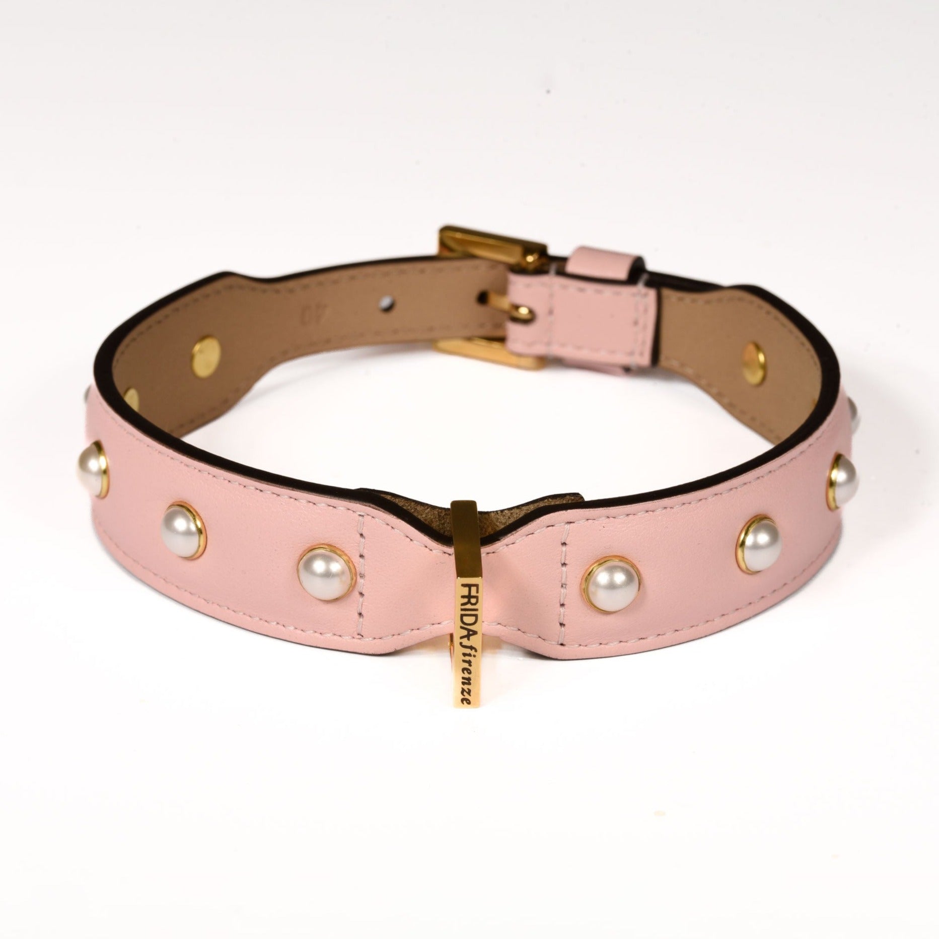 Leather Dog Collar in Pink - Pearl, Made in Italy