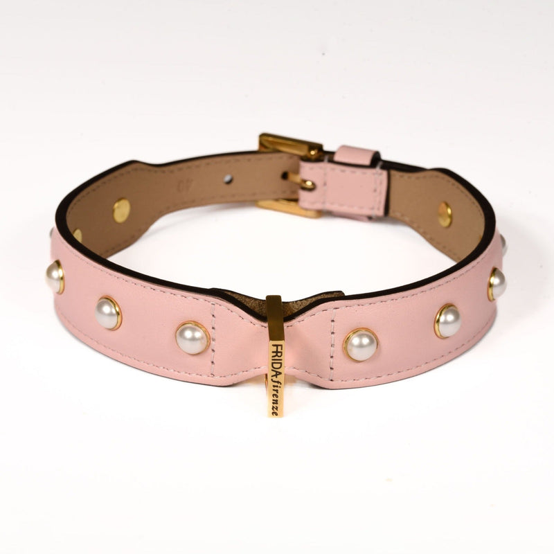 Leather Dog Collar in Pink - Pearl, Made in Italy