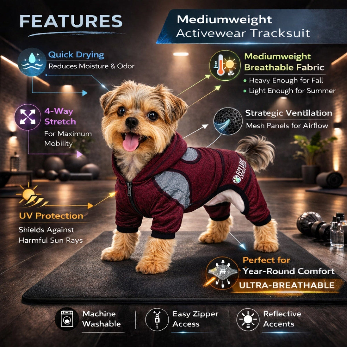 Pet Life Active Fur-Breeze Medium-weight 4-Way-Stretch Full Body Hooded Dog Yoga sweater | HT Animal Supply
