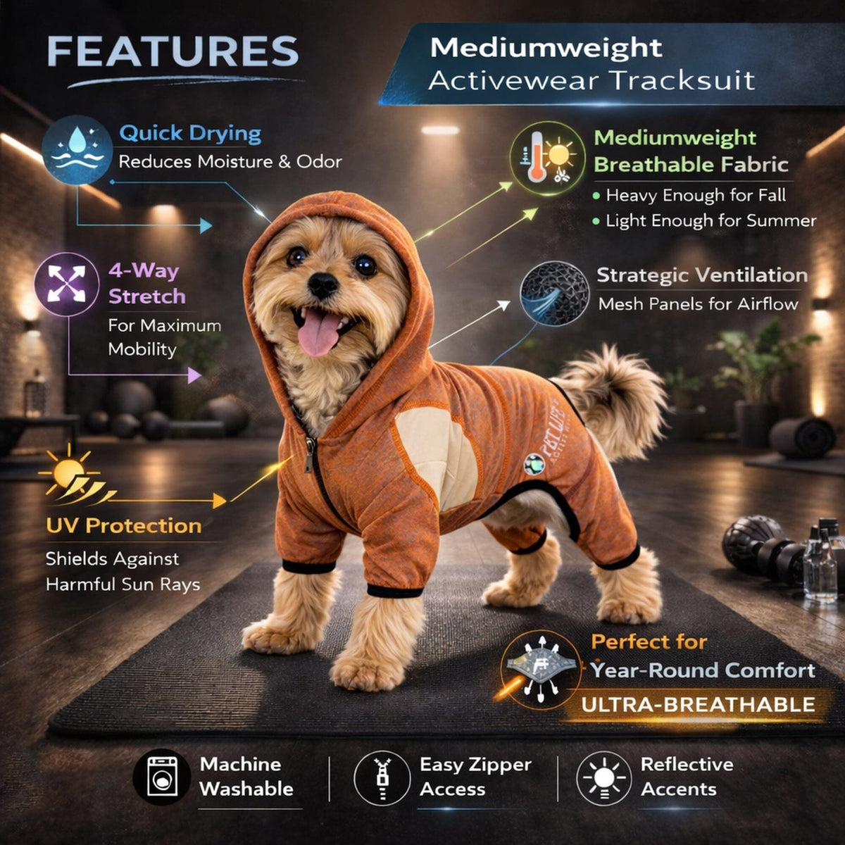 Pet Life Active Fur-Breeze Medium-weight 4-Way-Stretch Full Body Hooded Dog Yoga sweater | HT Animal Supply