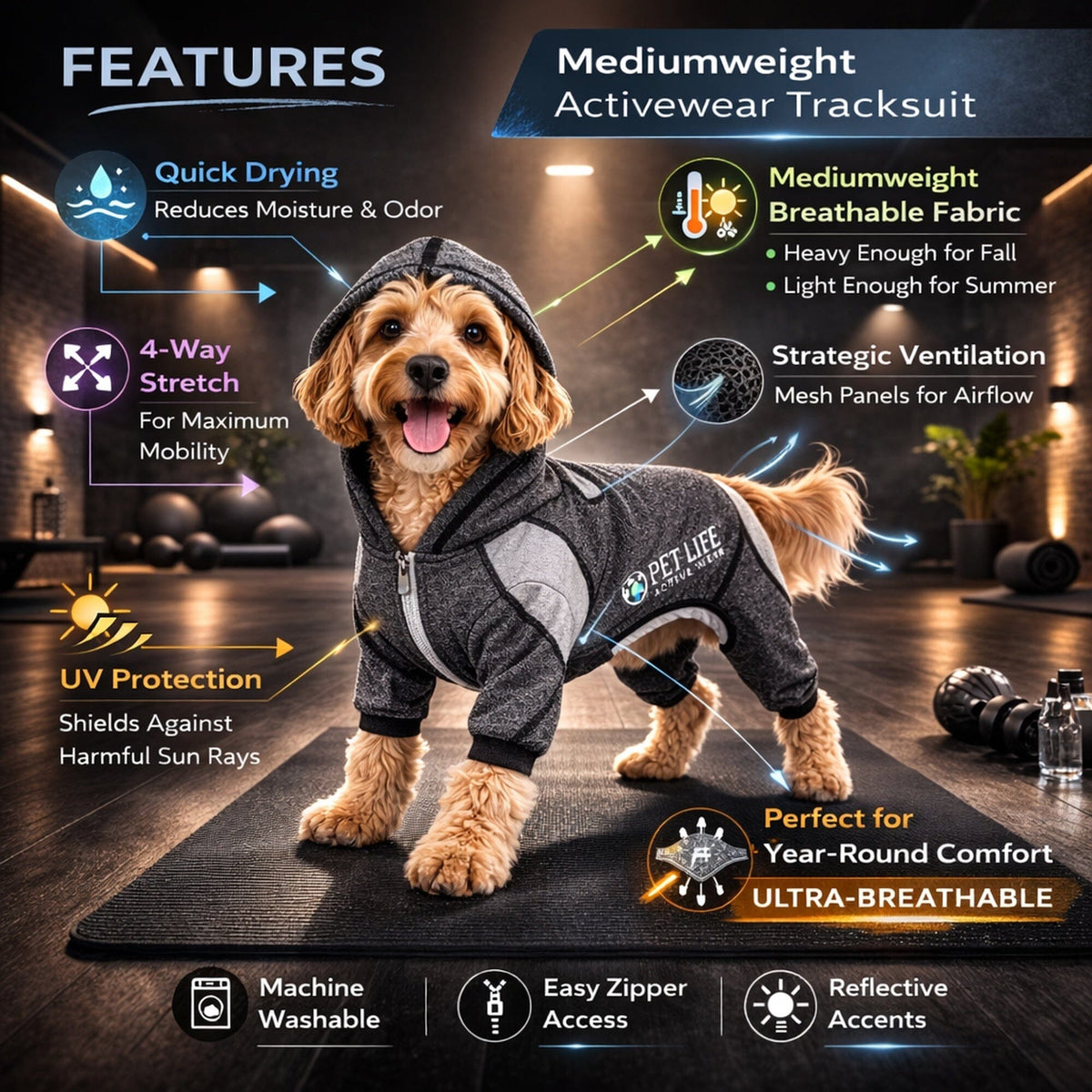Pet Life Active Fur-Breeze Medium-weight 4-Way-Stretch Full Body Hooded Dog Yoga sweater | HT Animal Supply