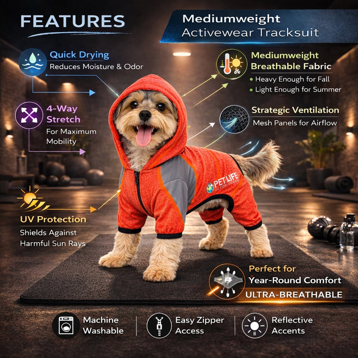 Pet Life Active Fur-Breeze Medium-weight 4-Way-Stretch Full Body Hooded Dog Yoga sweater | HT Animal Supply