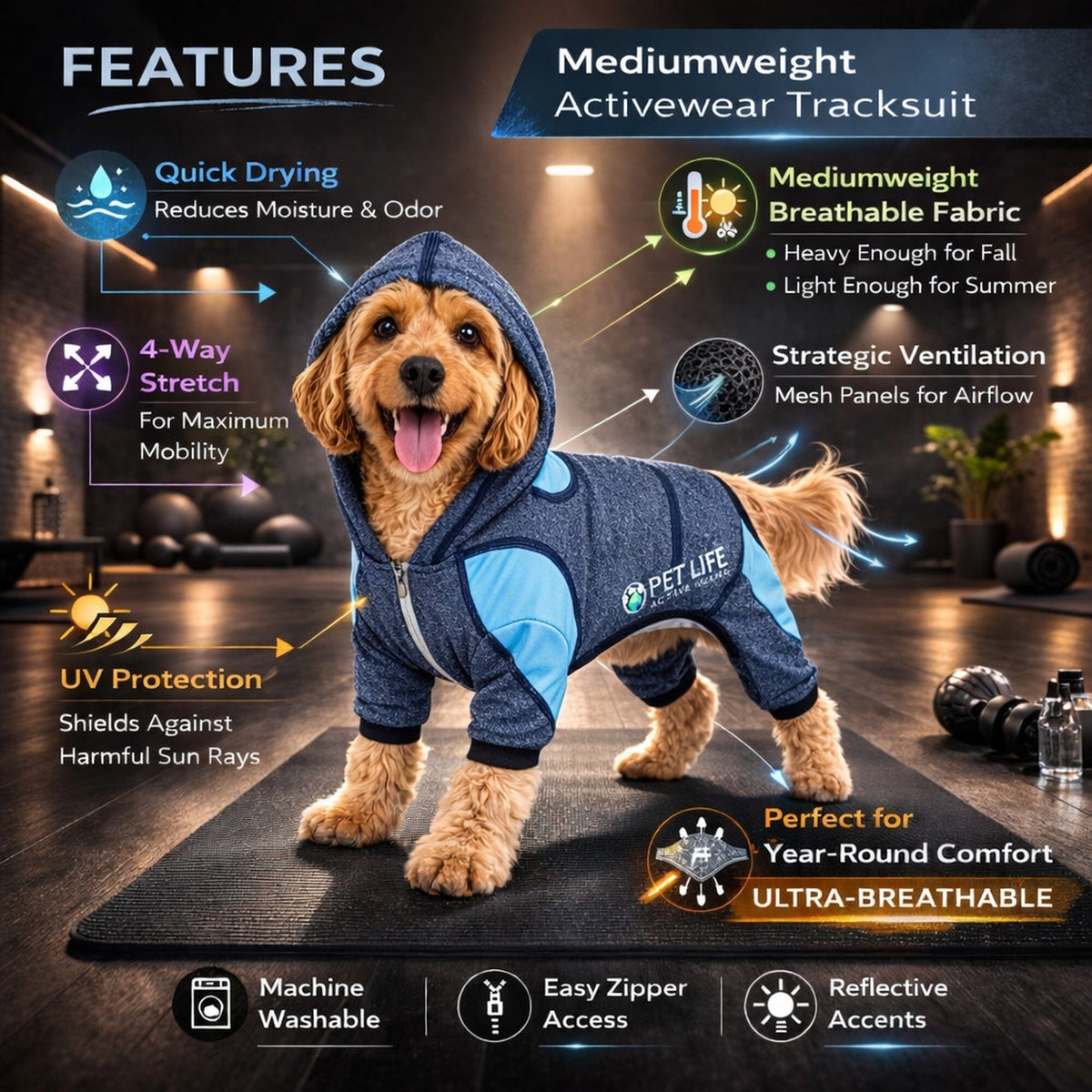 Pet Life Active Fur-Breeze Medium-weight 4-Way-Stretch Full Body Hooded Dog Yoga sweater | HT Animal Supply