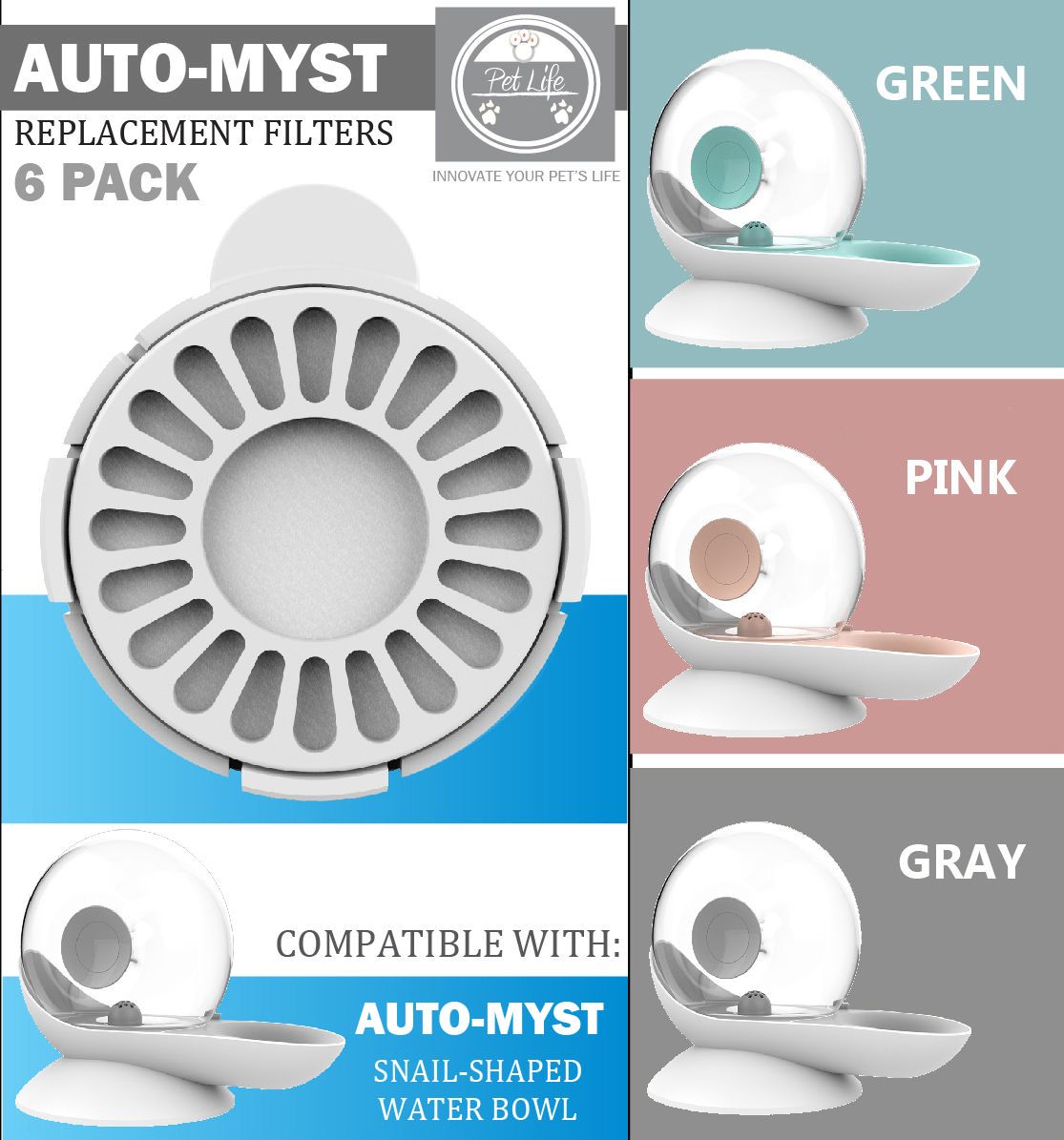 Pet Life Auto-Myst 2-in-1 Filtered Water Dispenser and Food Bowl - Replacement Filters - 6 Pack