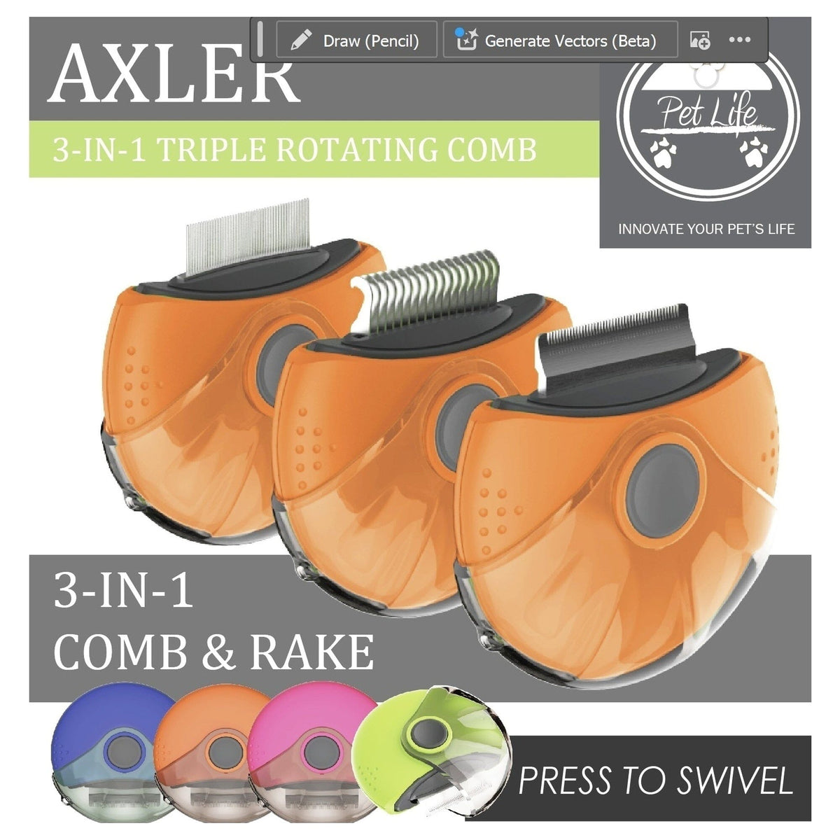 Pet Life Axler Triple Rotating Rake Deshedder and Dematting Grooming Pet Comb