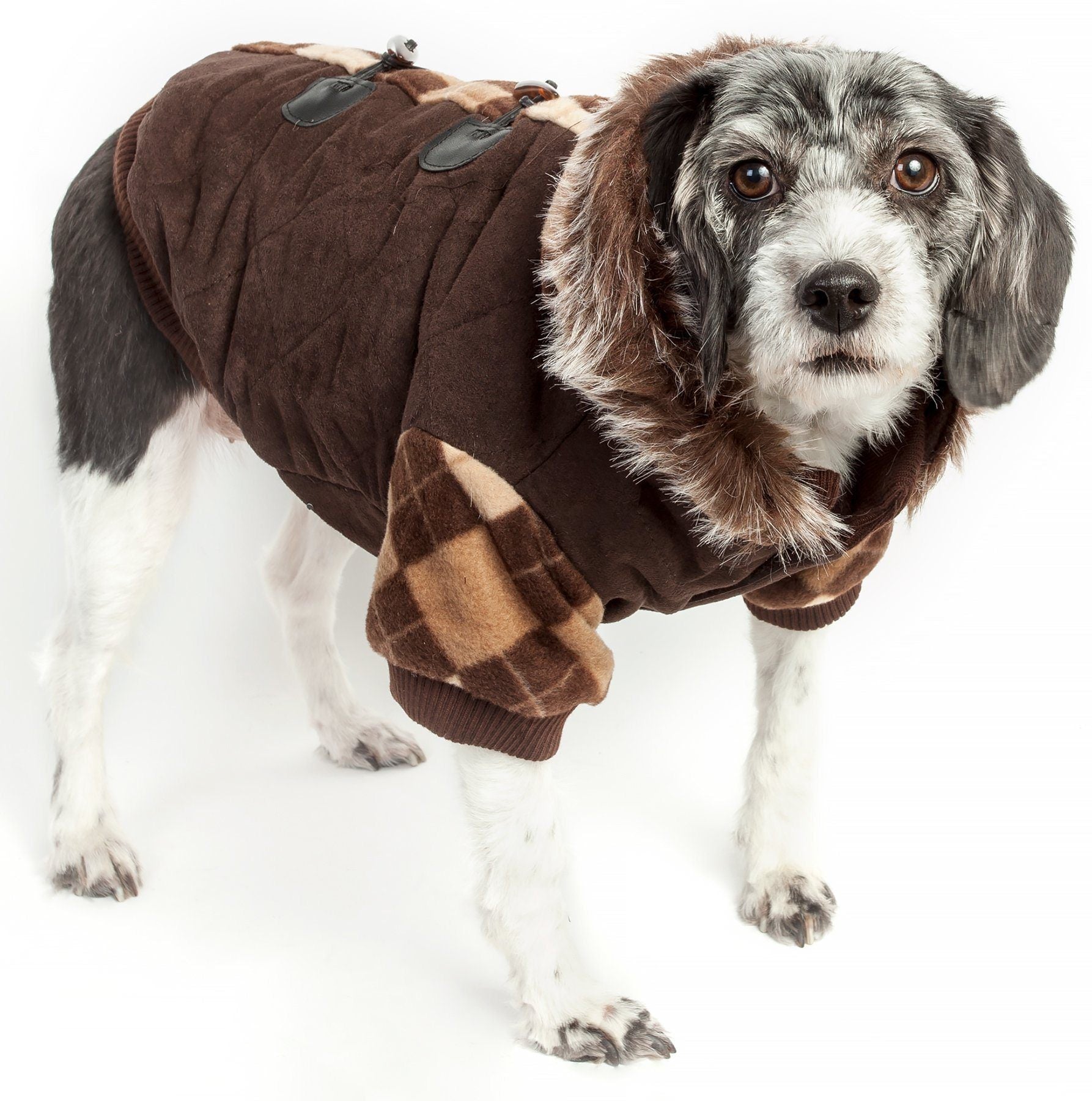Pet Life Aygyle Style 3M Insulated Designer Patterned Suede Dog Coat w/ Removable Hood