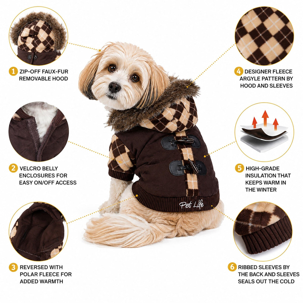 Pet Life Aygyle Style 3M Insulated Designer Patterned Suede Dog Coat w/ Removable Hood | HT Animal Supply