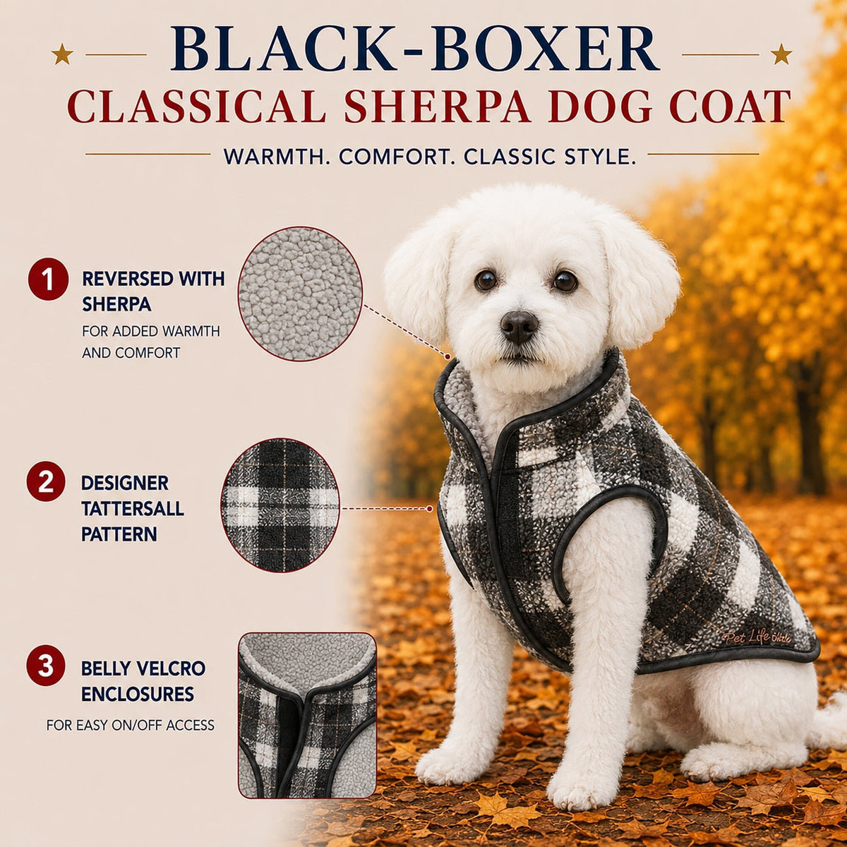 Pet Life Black Boxer Classical Fashion Insulated Plaid Dog Coat | HT Animal Supply