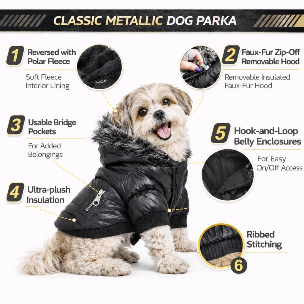 Pet Life Classic Metallic Fashion 3M Insulated Dog Coat Parka w/ Removable Hood | HT Animal Supply