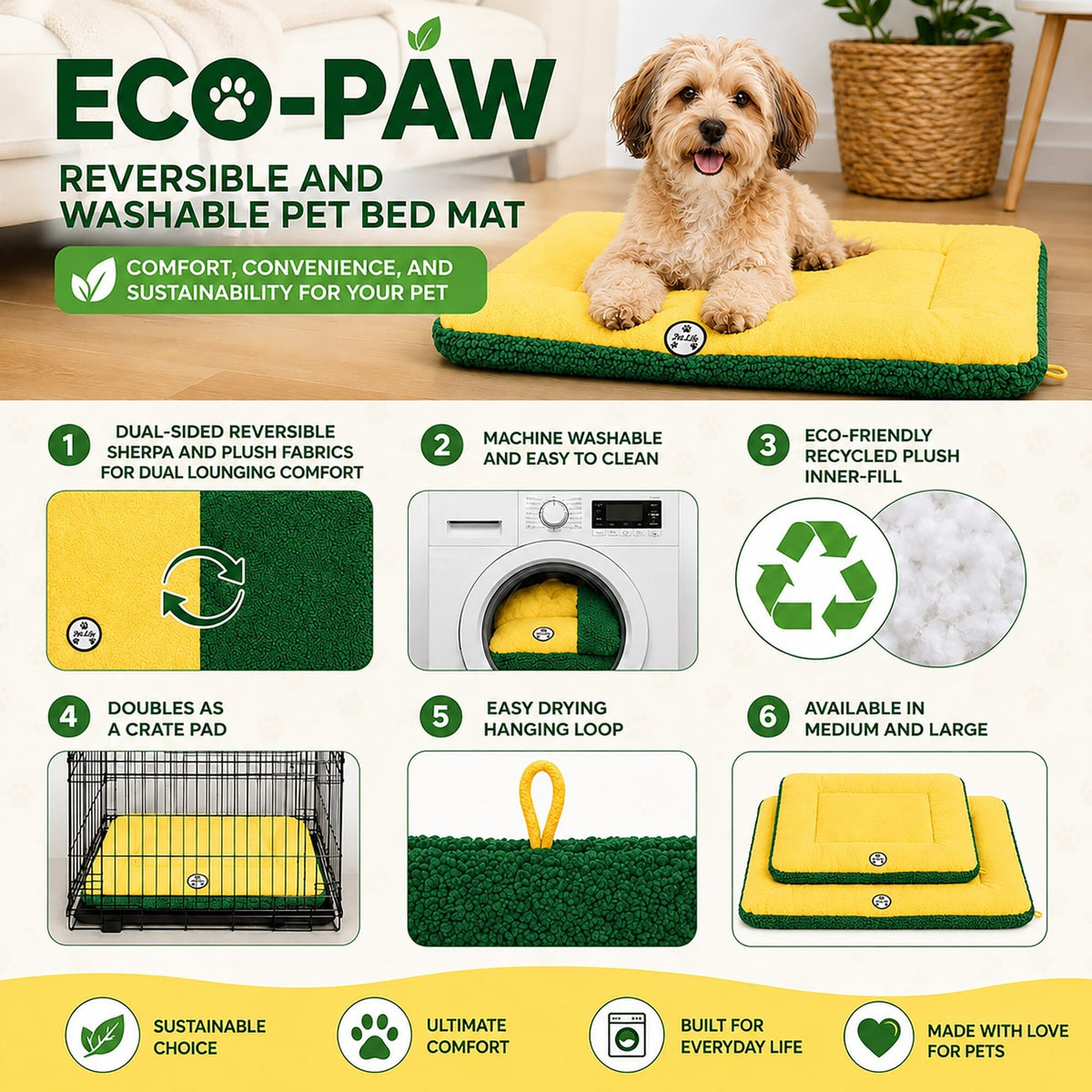 Pet Life Eco-Paw Reversible Eco-Friendly Recyclabled Polyfill Fashion Designer Pet Dog Bed Mat Lounge | HT Animal Supply