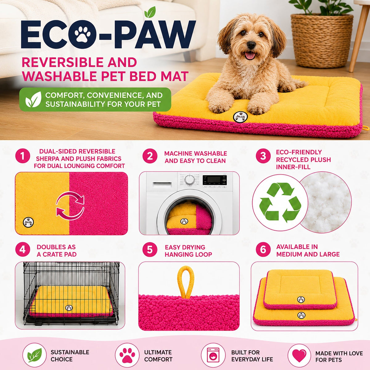 Pet Life Eco-Paw Reversible Eco-Friendly Recyclabled Polyfill Fashion Designer Pet Dog Bed Mat Lounge | HT Animal Supply