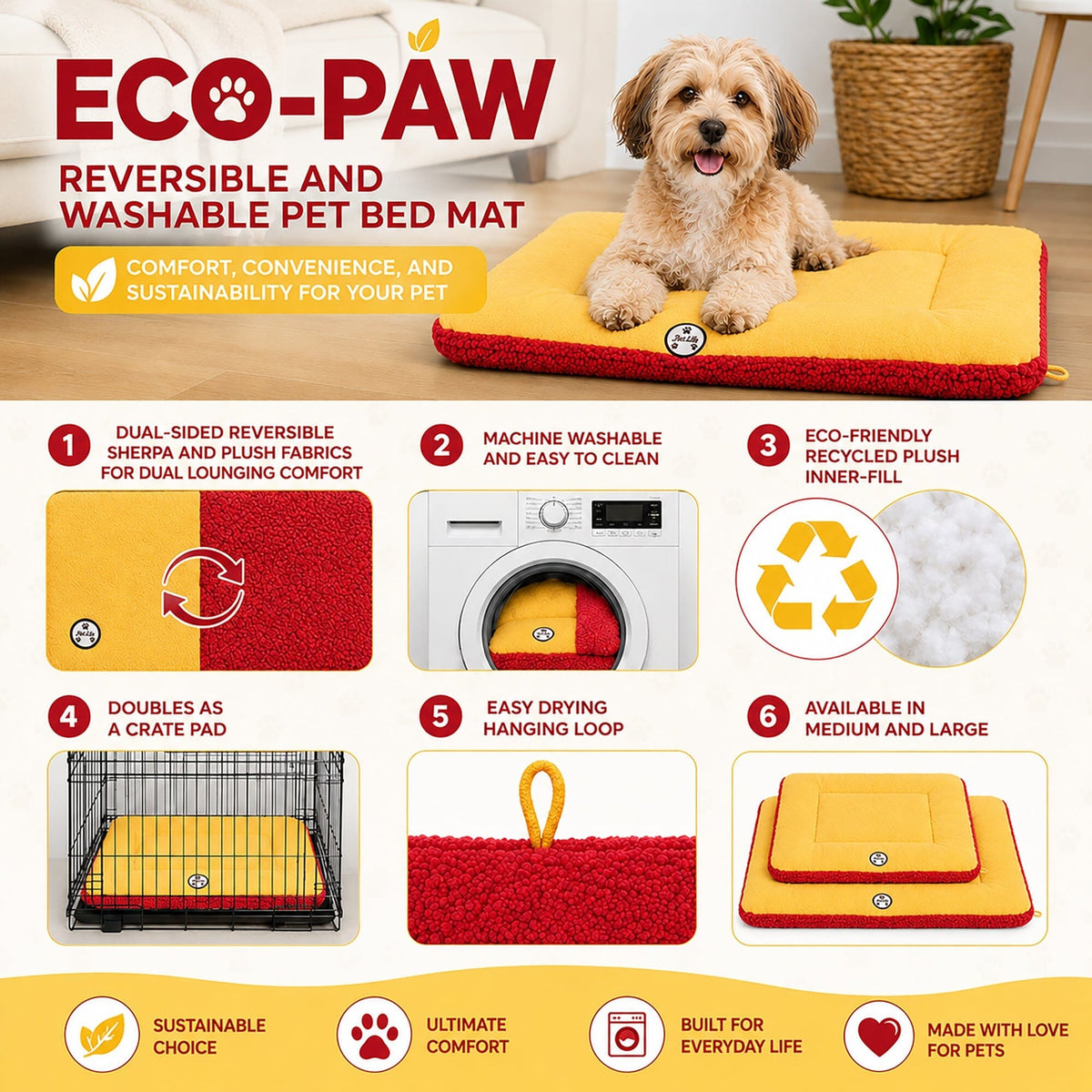 Pet Life Eco-Paw Reversible Eco-Friendly Recyclabled Polyfill Fashion Designer Pet Dog Bed Mat Lounge | HT Animal Supply