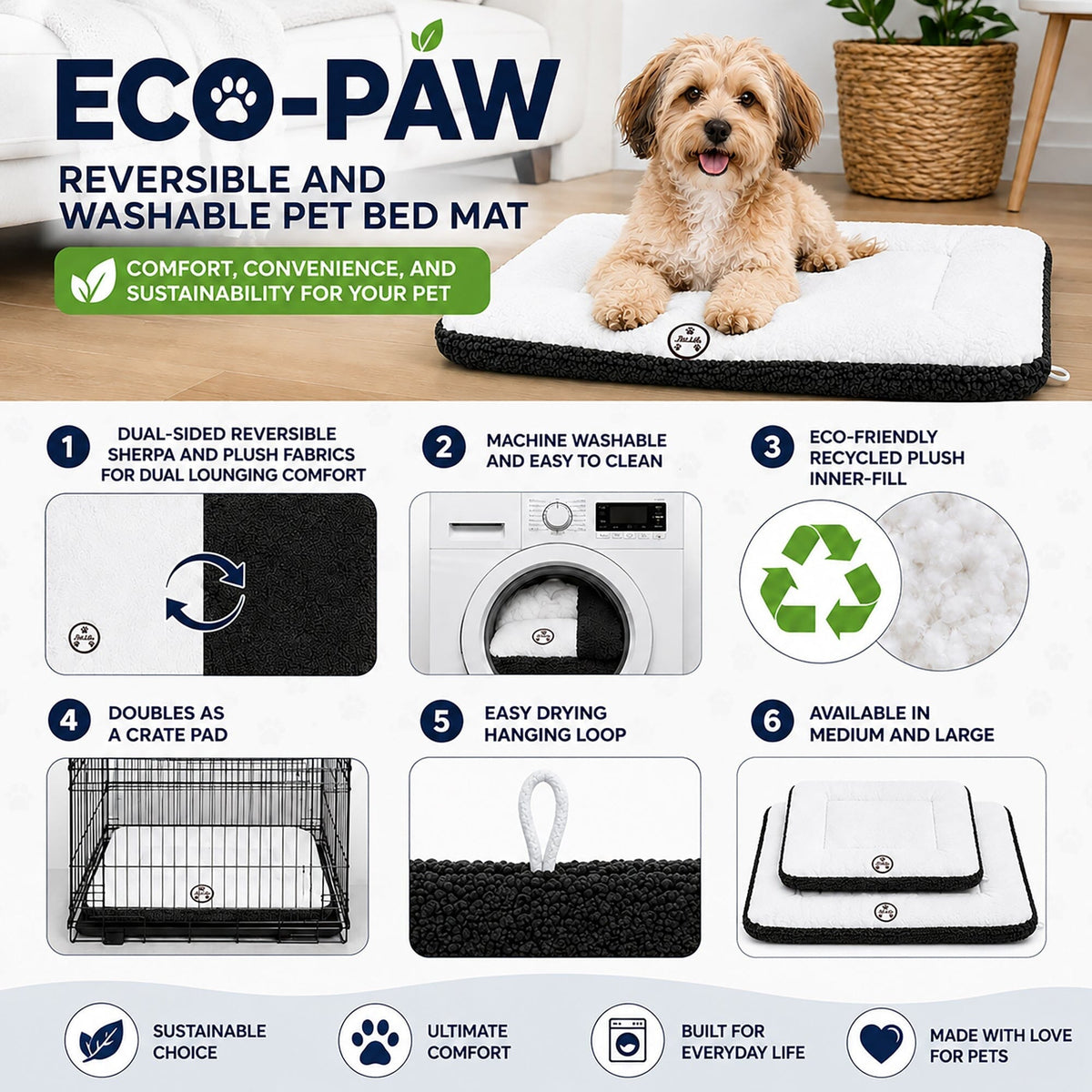 Pet Life Eco-Paw Reversible Eco-Friendly Recyclabled Polyfill Fashion Designer Pet Dog Bed Mat Lounge | HT Animal Supply