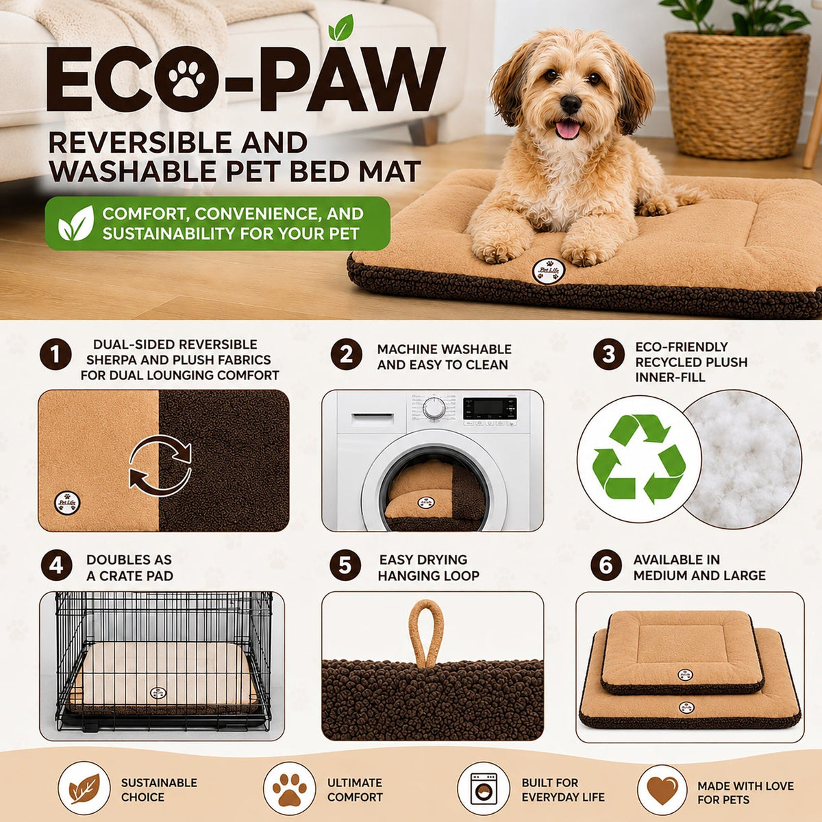 Pet Life Eco-Paw Reversible Eco-Friendly Recyclabled Polyfill Fashion Designer Pet Dog Bed Mat Lounge | HT Animal Supply