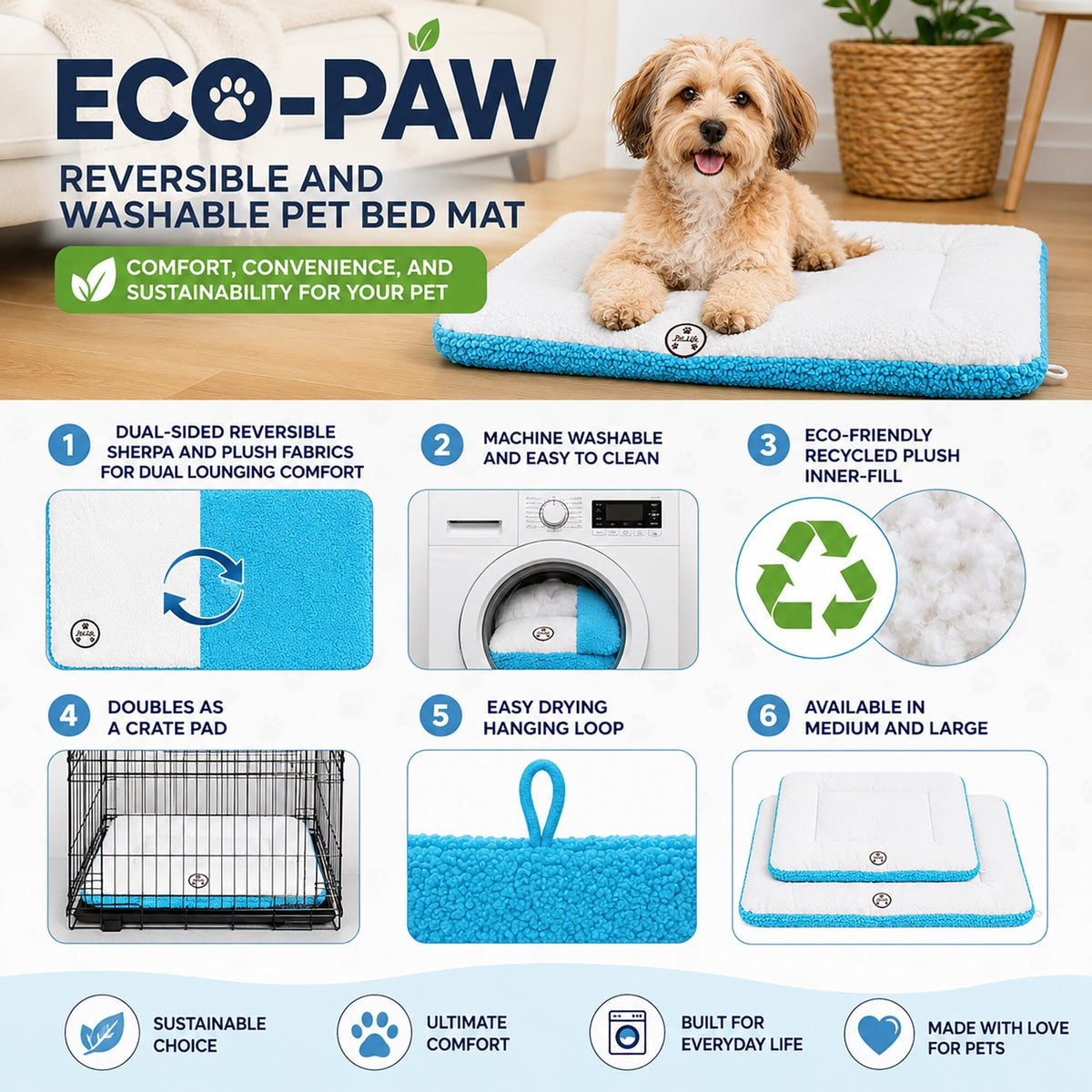 Pet Life Eco-Paw Reversible Eco-Friendly Recyclabled Polyfill Fashion Designer Pet Dog Bed Mat Lounge | HT Animal Supply