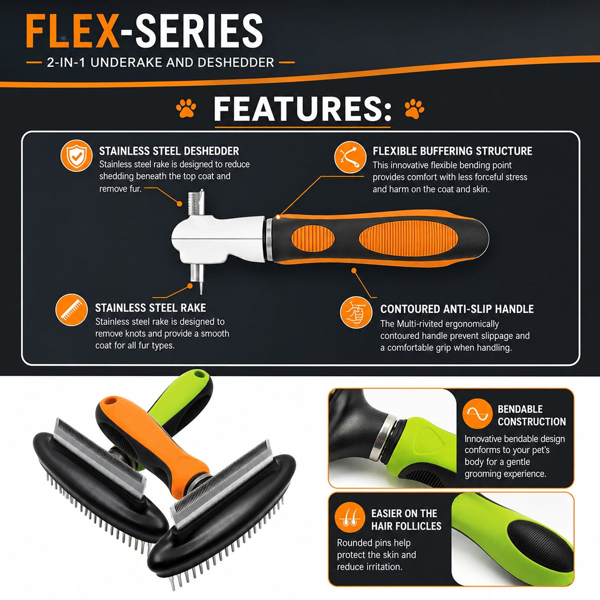 Pet Life Flex Series 2-in-1 Dual-Sided Grooming Undercoat Pet Rake and Deshedder | HT Animal Supply