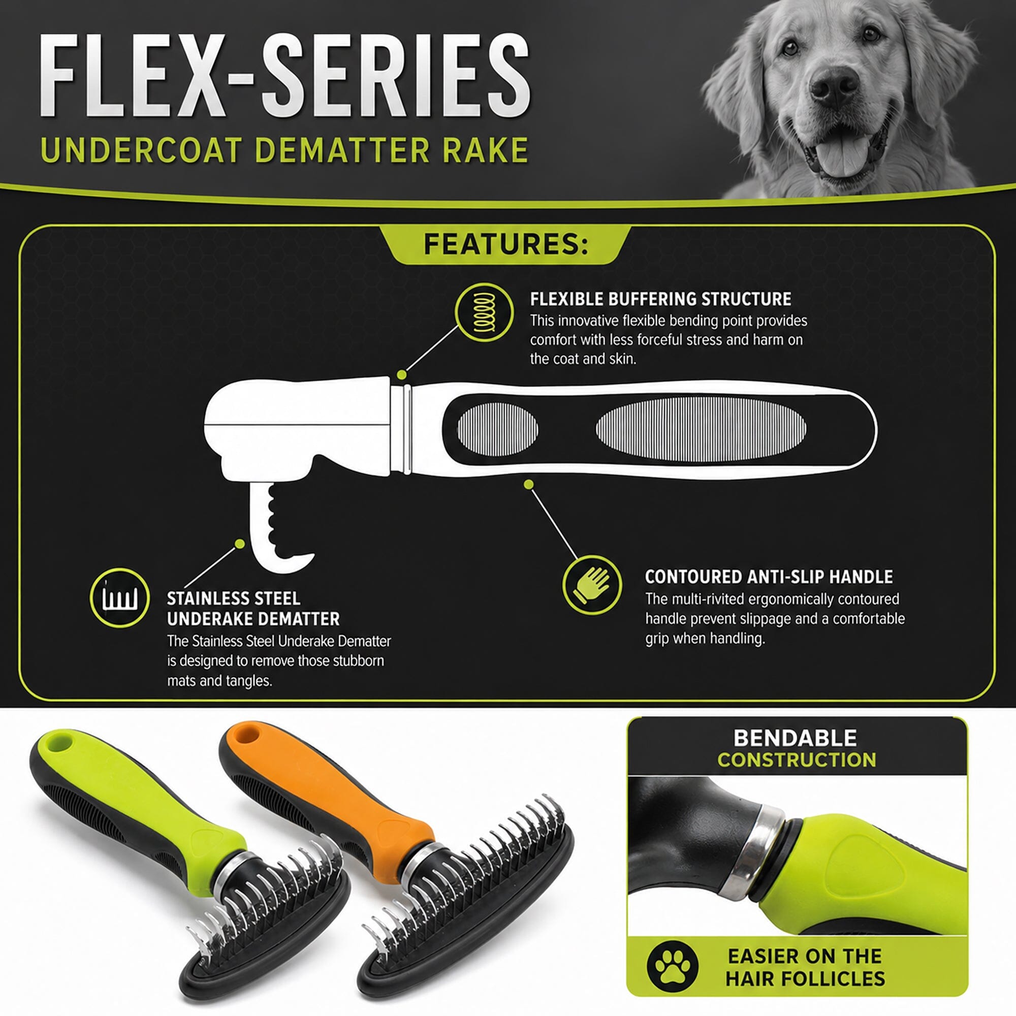 Pet Life Flex Series Undercoat Dematter Grooming Pet Rake | HT Animal Supply