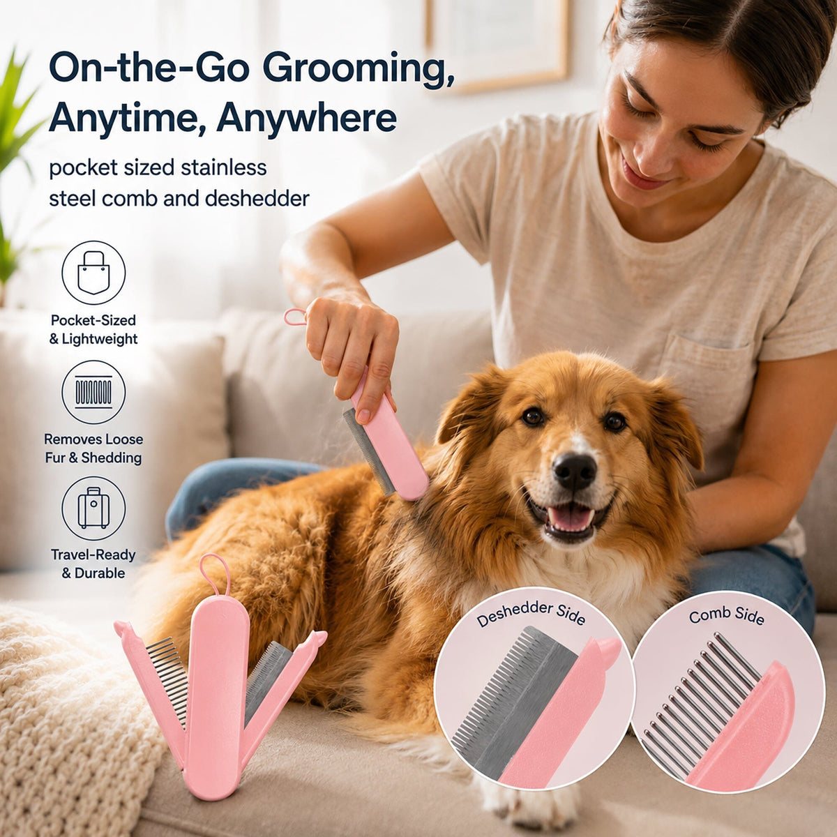 Pet Life JOYNE Multi-Functional 2-in-1 Swivel Travel Grooming Comb and Deshedder | HT Animal Supply