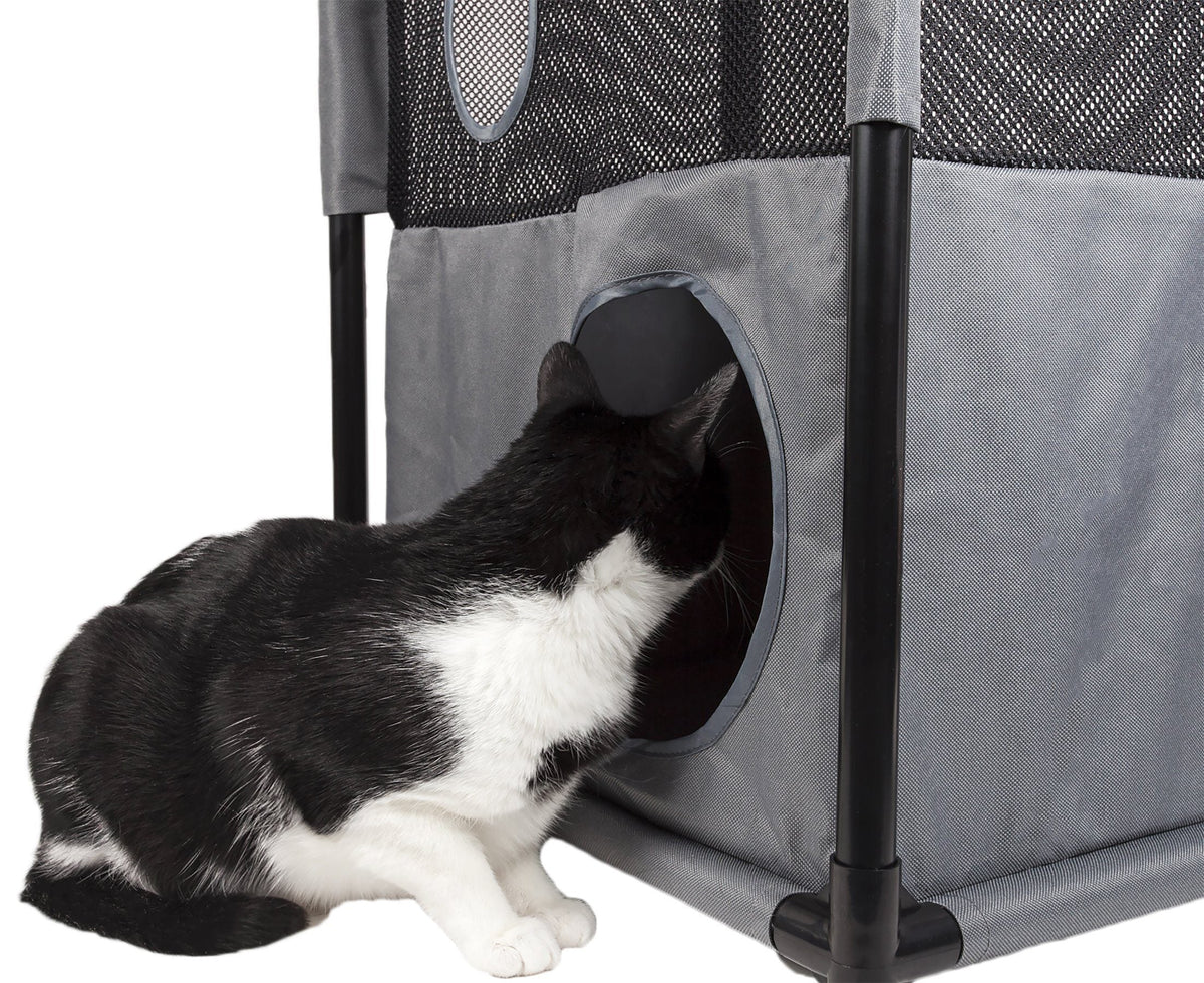 Pet Life Kitty-Square Collapsible Travel Interactive Kitty Cat Tree Maze House Lounger Tunnel Lounge