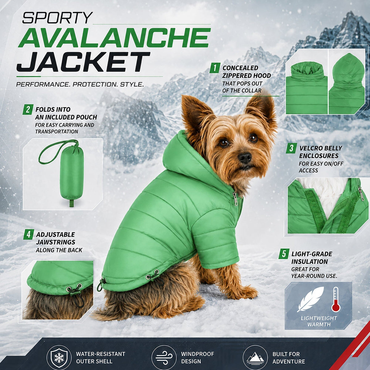 Pet Life Lightweight Adjustable and Collapsible Sporty Avalanche Dog Coat w/ Pop-out Zippered Hood | HT Animal Supply