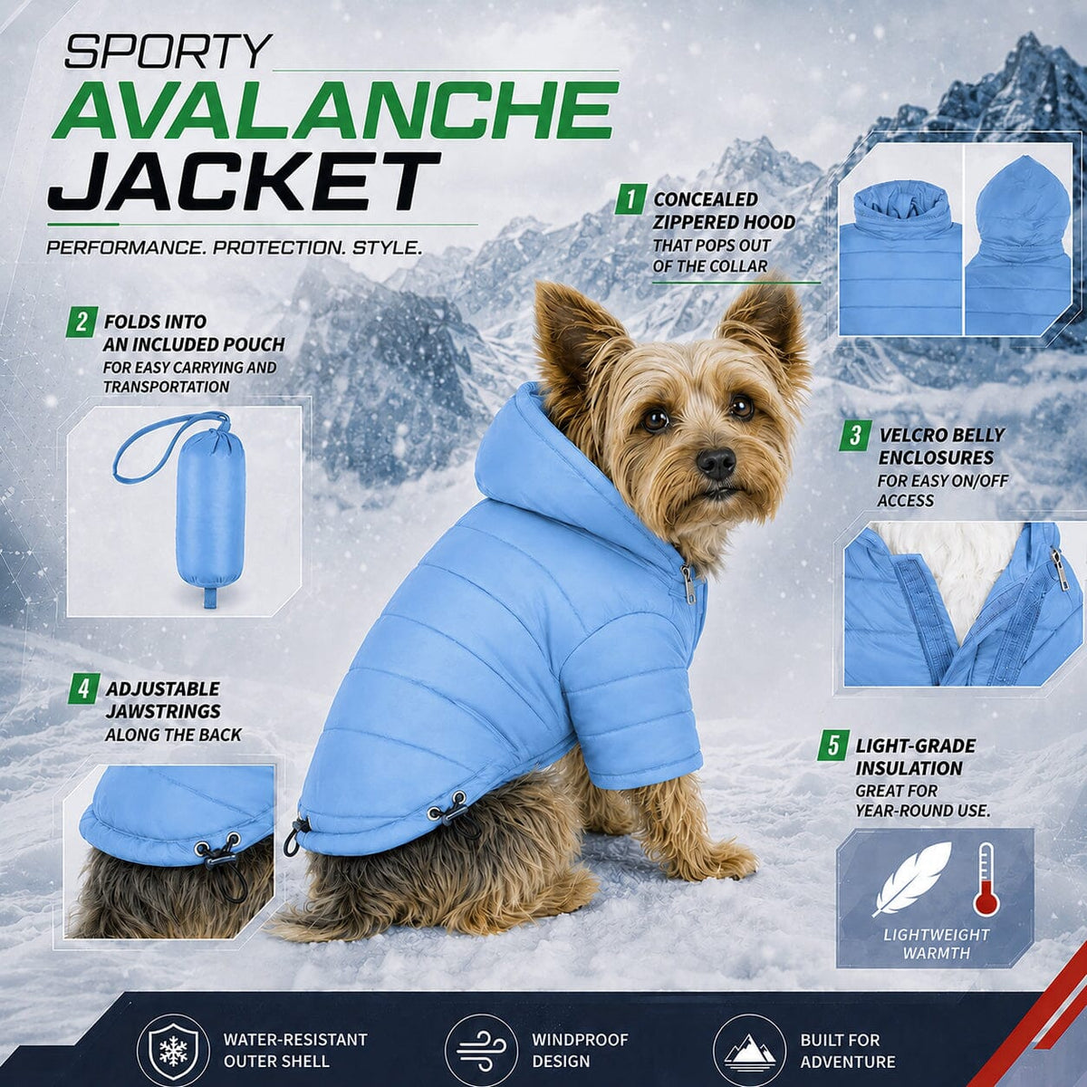Pet Life Lightweight Adjustable and Collapsible Sporty Avalanche Dog Coat w/ Pop-out Zippered Hood | HT Animal Supply