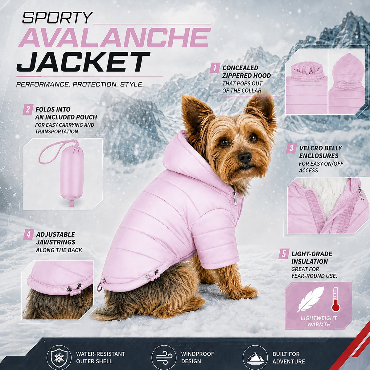 Pet Life Lightweight Adjustable and Collapsible Sporty Avalanche Dog Coat w/ Pop-out Zippered Hood | HT Animal Supply
