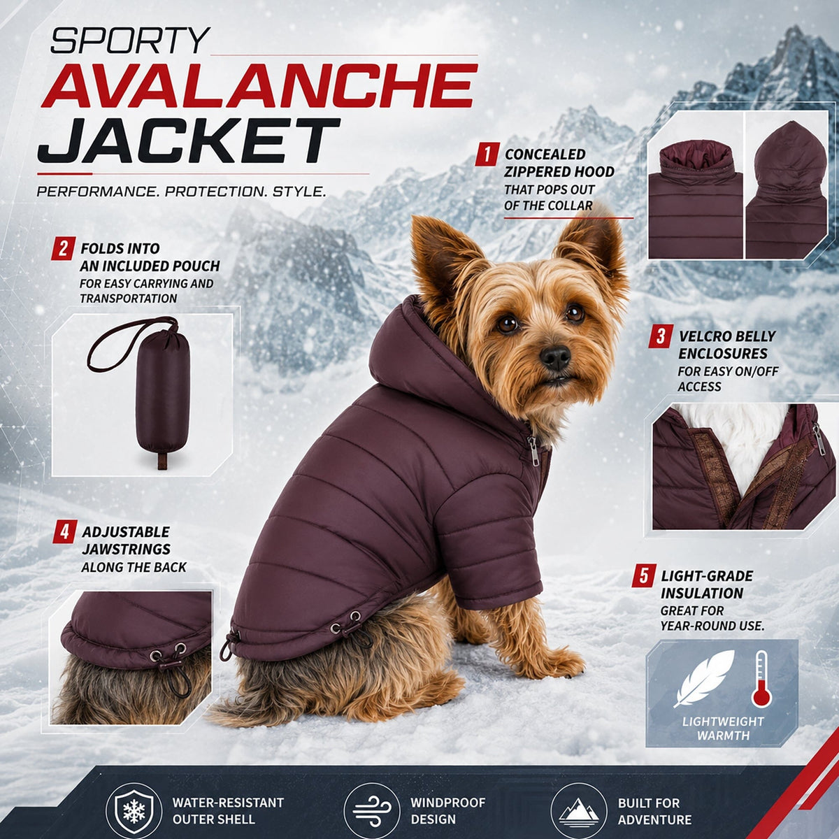 Pet Life Lightweight Adjustable and Collapsible Sporty Avalanche Dog Coat w/ Pop-out Zippered Hood | HT Animal Supply