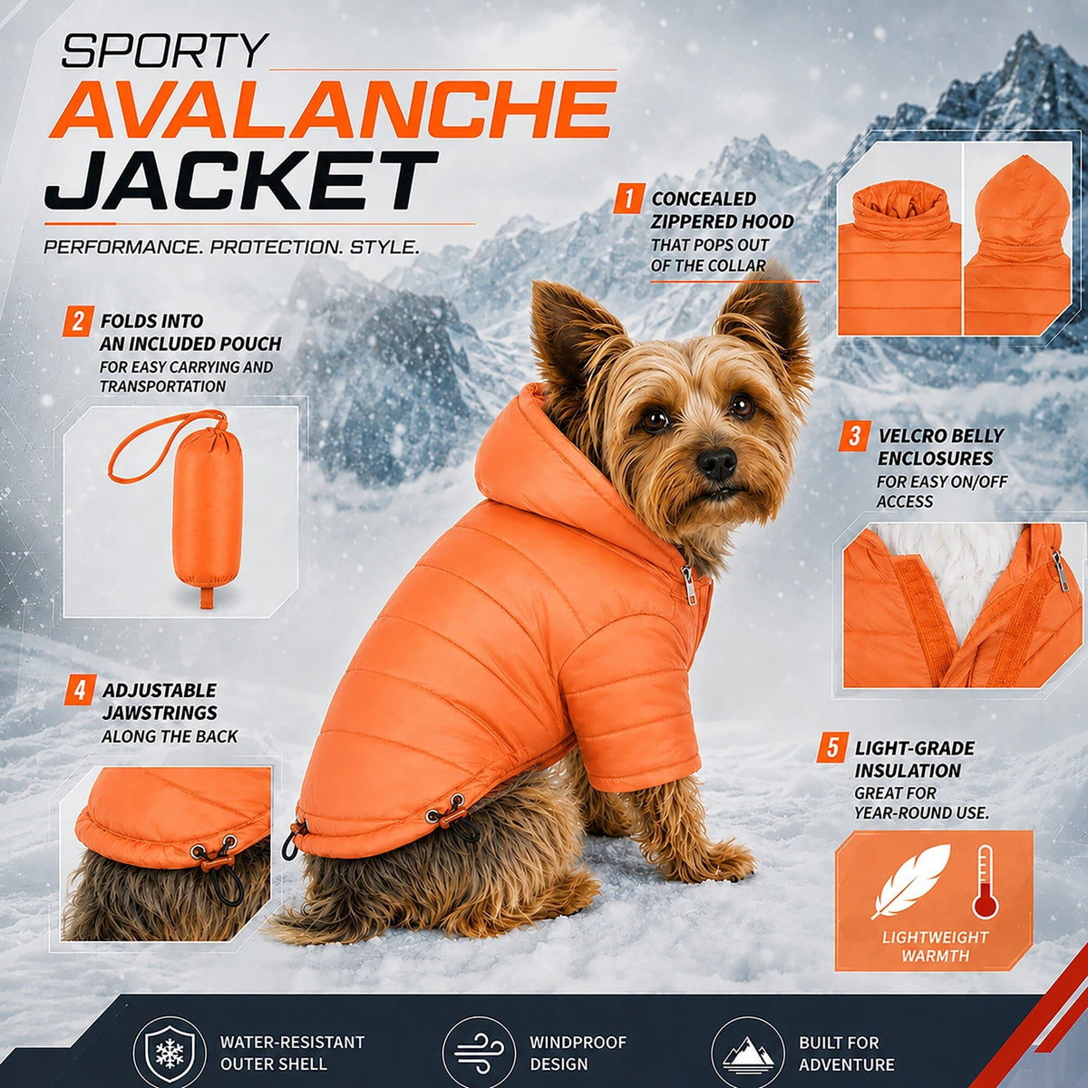 Pet Life Lightweight Adjustable and Collapsible Sporty Avalanche Dog Coat w/ Pop-out Zippered Hood | HT Animal Supply