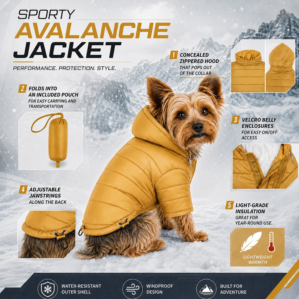 Pet Life Lightweight Adjustable and Collapsible Sporty Avalanche Dog Coat w/ Pop-out Zippered Hood | HT Animal Supply