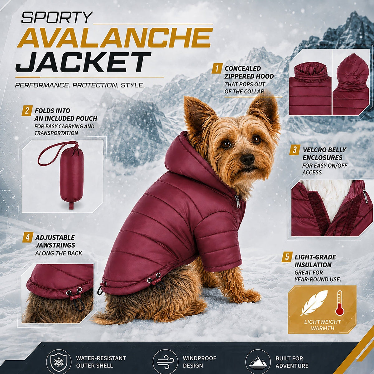 Pet Life Lightweight Adjustable and Collapsible Sporty Avalanche Dog Coat w/ Pop-out Zippered Hood | HT Animal Supply