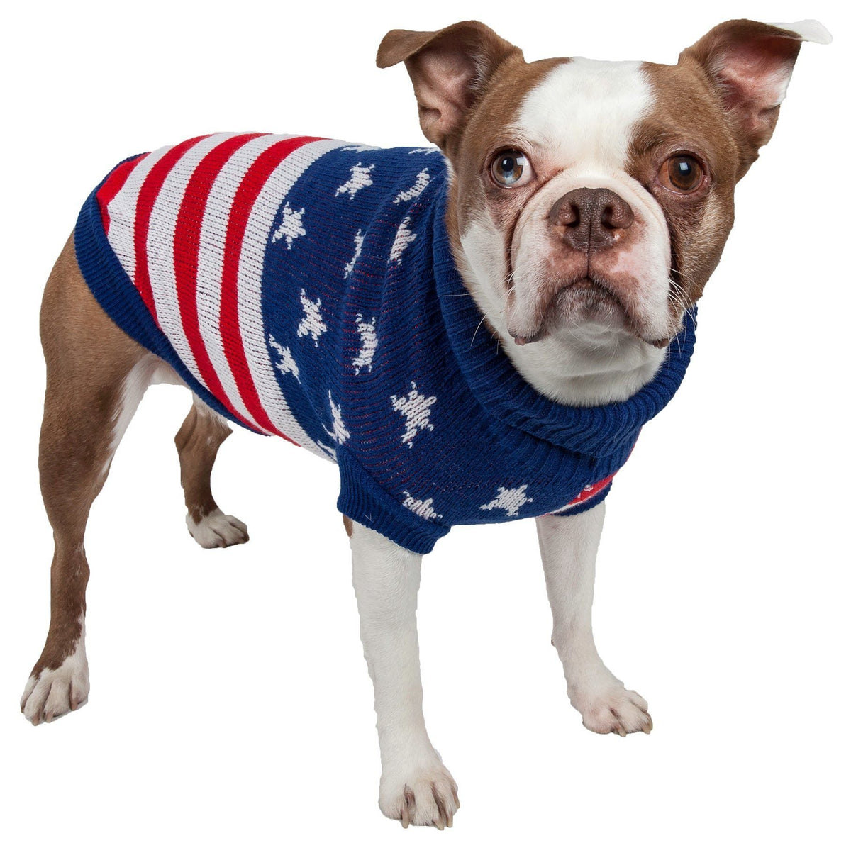 Pet Life Patriot Independence Star Heavy Knitted Fashion Ribbed Turtle Neck Dog Sweater