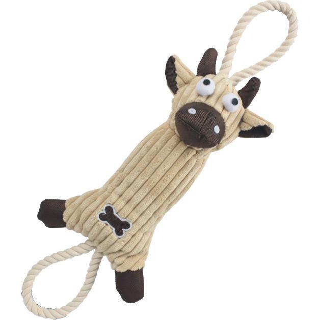 Pet Life Plush Cow Natural Jute Rope and Squeak Tugging Plush Dog Toy