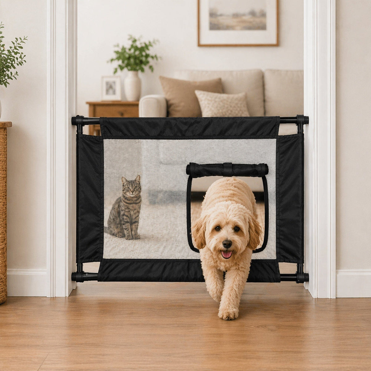 Pet Life Porta Gate Anti-Drilling Nylon Mesh Collapsible Folding Travel Safety Pet Cat Dog Gate w/ Zippered Entrance