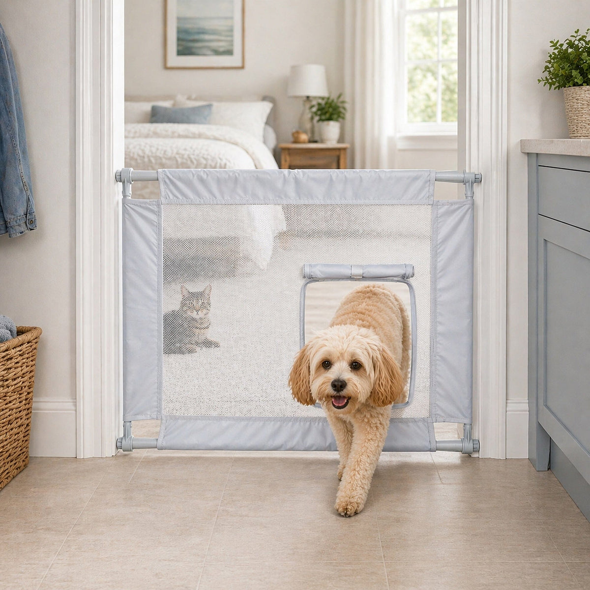 Pet Life Porta Gate Anti-Drilling Nylon Mesh Collapsible Folding Travel Safety Pet Cat Dog Gate w/ Zippered Entrance