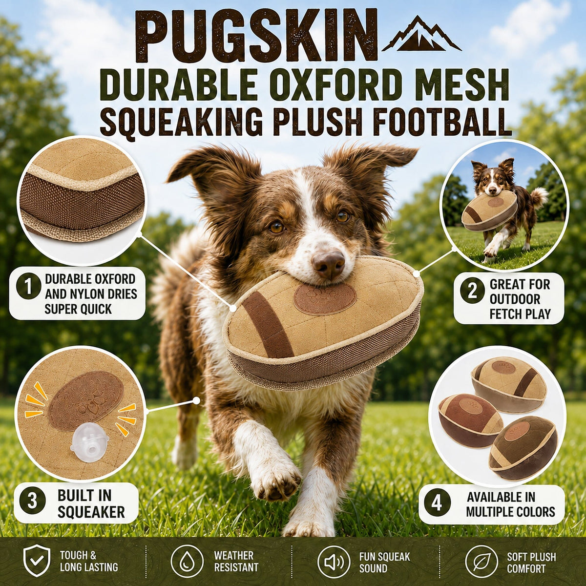 Pet Life Pugskin Durable Oxford Nylon and Mesh Plush Squeaky Football Dog Toy | HT Animal Supply
