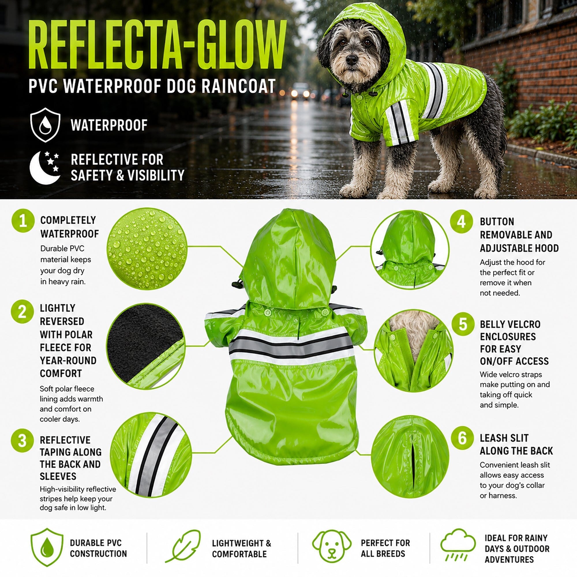 Pet Life Reflecta-Glow Reflective Waterproof Adjustable Dog Raincoat Jacket w/ Removable Hood | HT Animal Supply