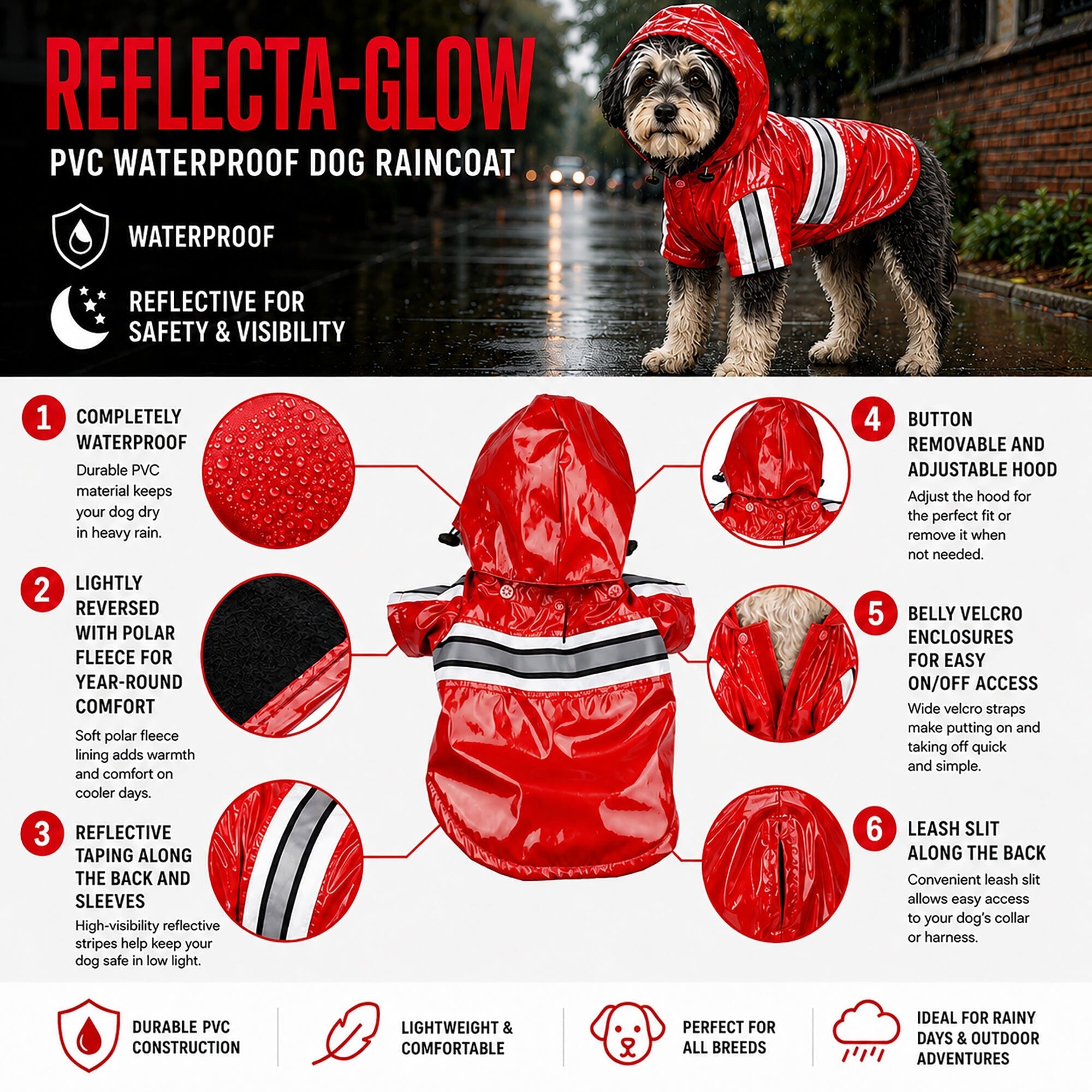 Pet Life Reflecta-Glow Reflective Waterproof Adjustable Dog Raincoat Jacket w/ Removable Hood | HT Animal Supply