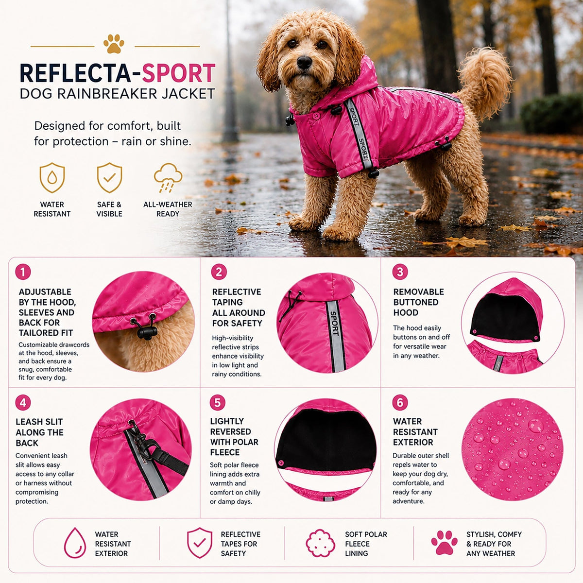 Pet Life Reflecta-Sport Multi-Adjustable Reflective Weather-Proof Dog Raincoat w/ Removable Hood | HT Animal Supply