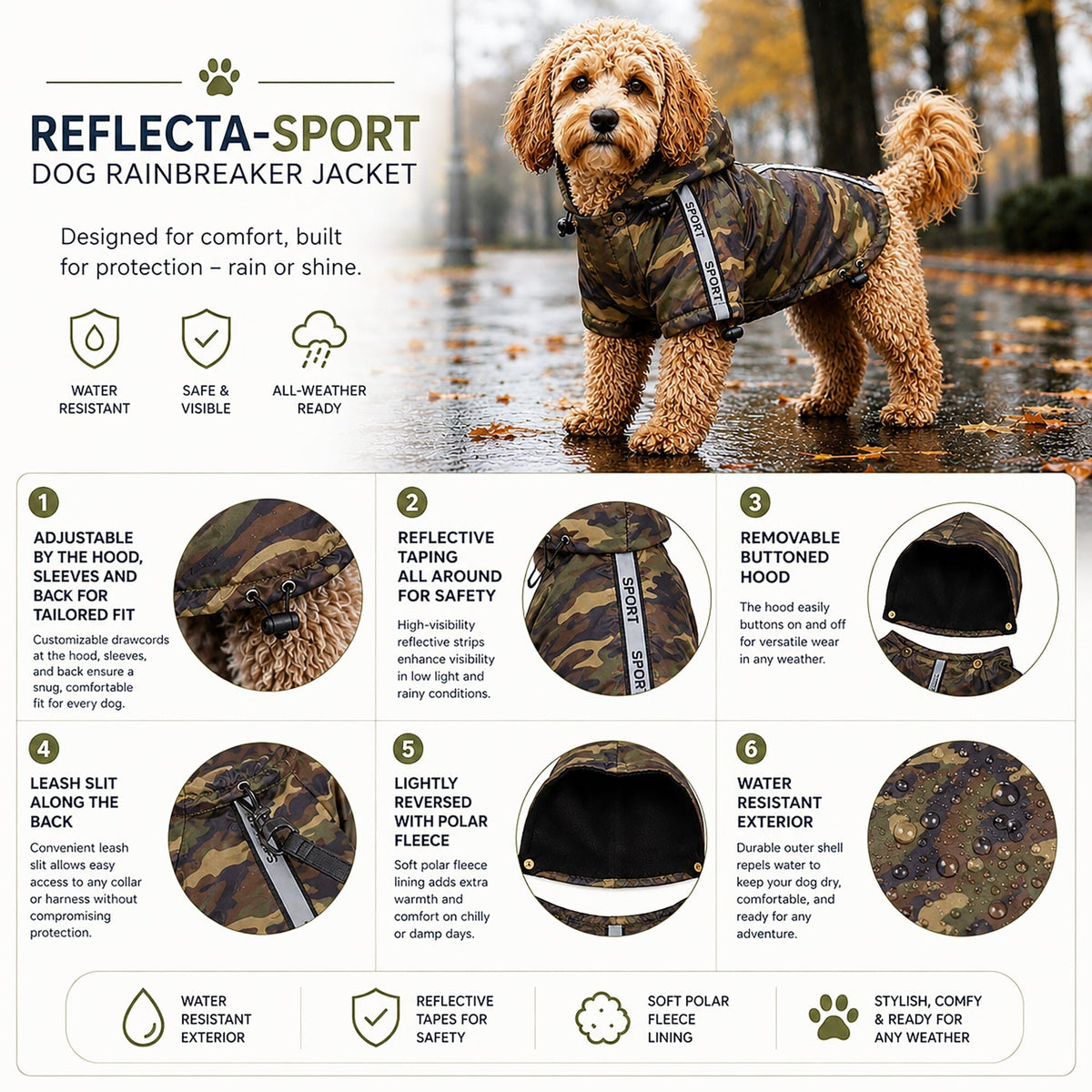Pet Life Reflecta-Sport Multi-Adjustable Reflective Weather-Proof Dog Raincoat w/ Removable Hood | HT Animal Supply
