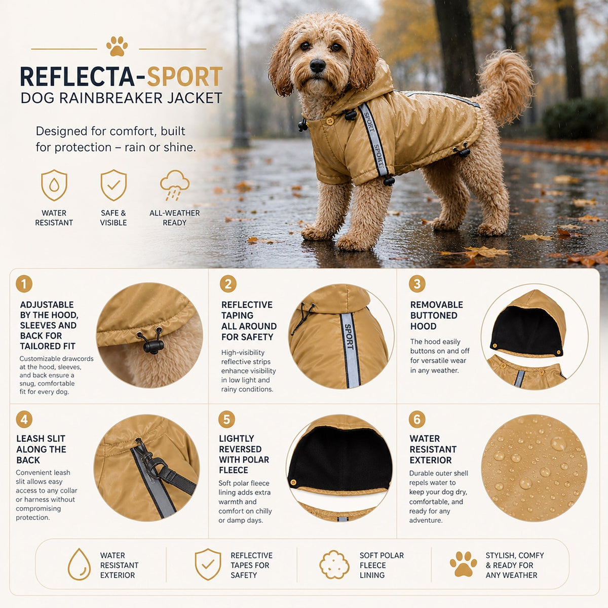 Pet Life Reflecta-Sport Multi-Adjustable Reflective Weather-Proof Dog Raincoat w/ Removable Hood | HT Animal Supply